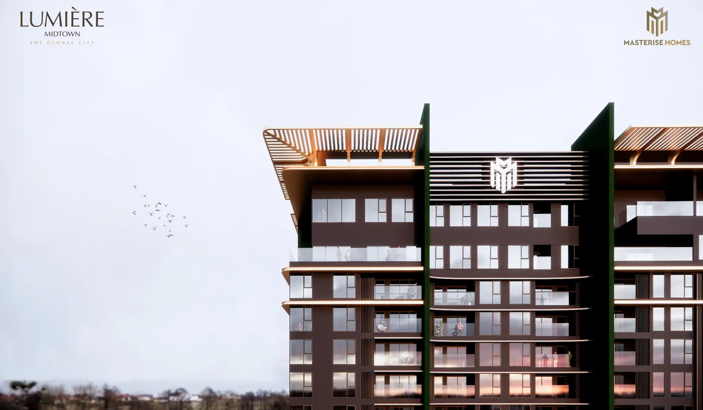 Phần đỉnh tòa tháp với mái pergola và logo