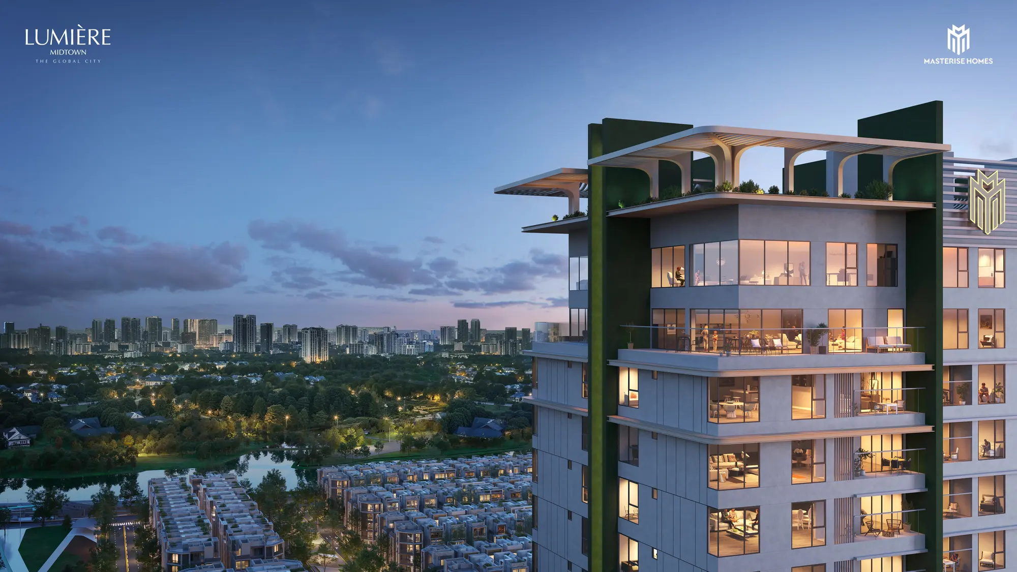 Phần đỉnh tòa tháp với các căn Penthouse lúc chiều tối