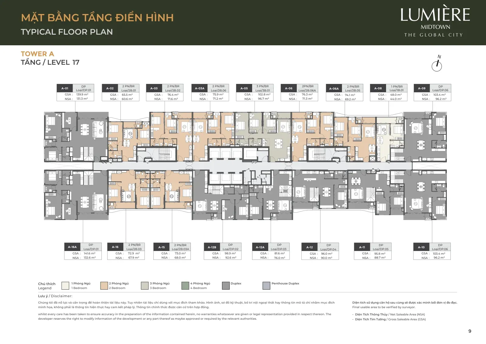 Mặt bằng tòa A tầng 17 với tầng dưới của các căn Duplex