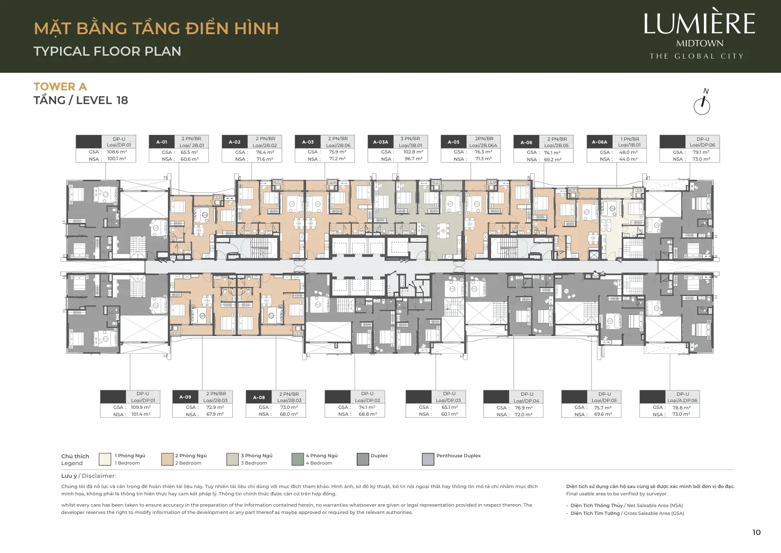 Mặt bằng tòa A tầng 18 với tầng trên của các căn Duplex