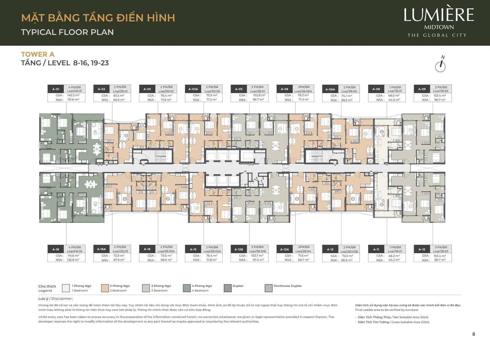 Mặt bằng tòa A tầng 8–16 và 19–23