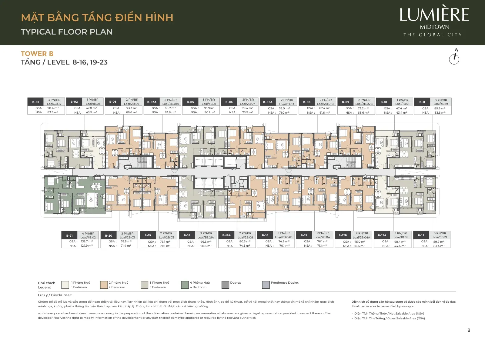 Mặt bằng tòa B tầng 8–16 và 19–23