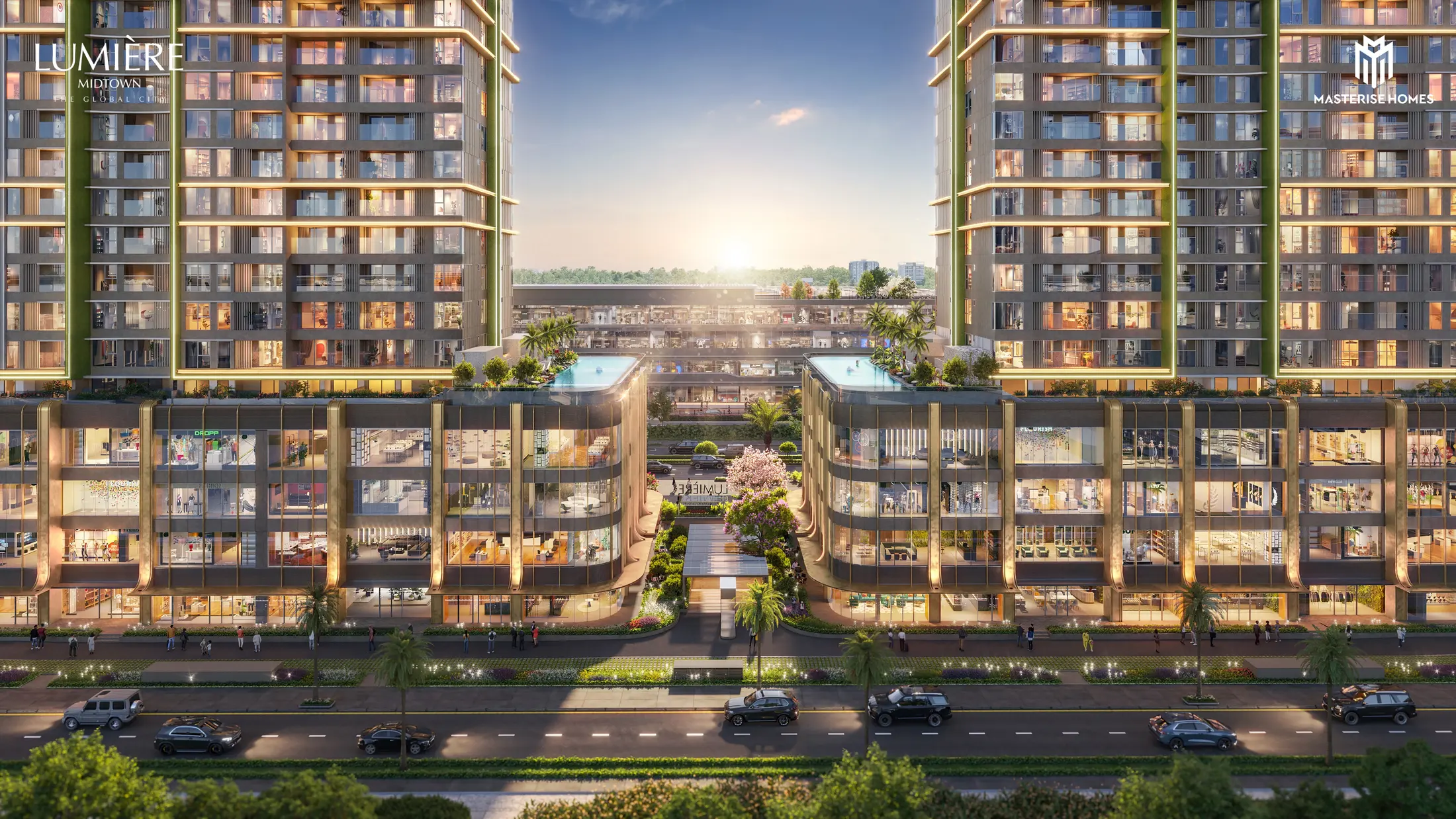 Phối cảnh khối đế và hai tòa LUMIÈRE Midtown lúc chiều tối
